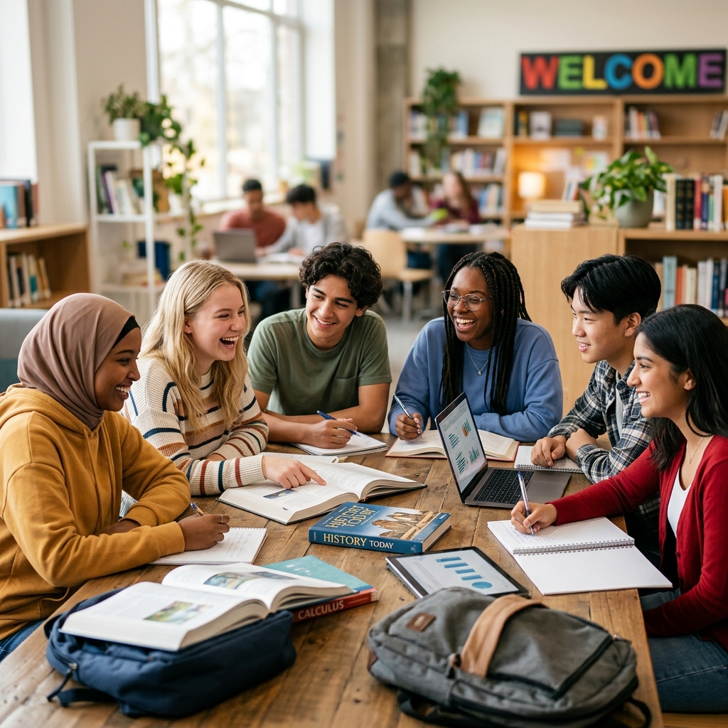 다문화 청소년들이 밝은 교실에서 즐겁게 공부하는 모습의 학교 소개 이미지